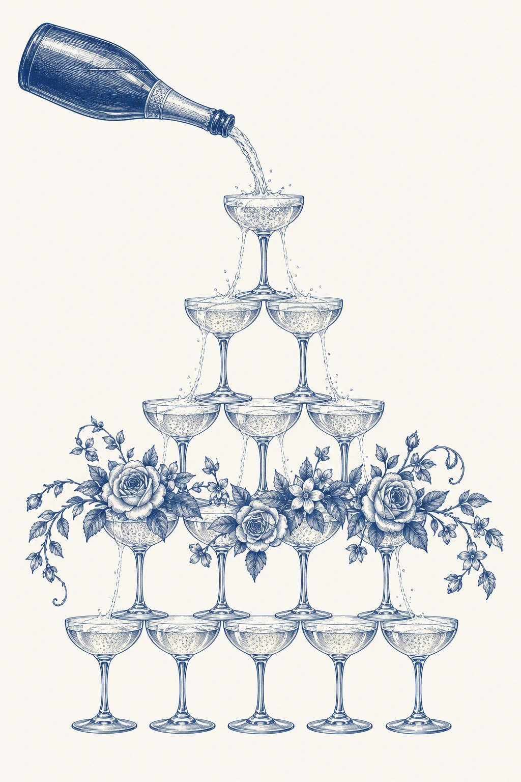 An engraved blue champagne tower with flowers